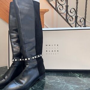 White House Black Market Black Rowan Over the Knee strap boots.